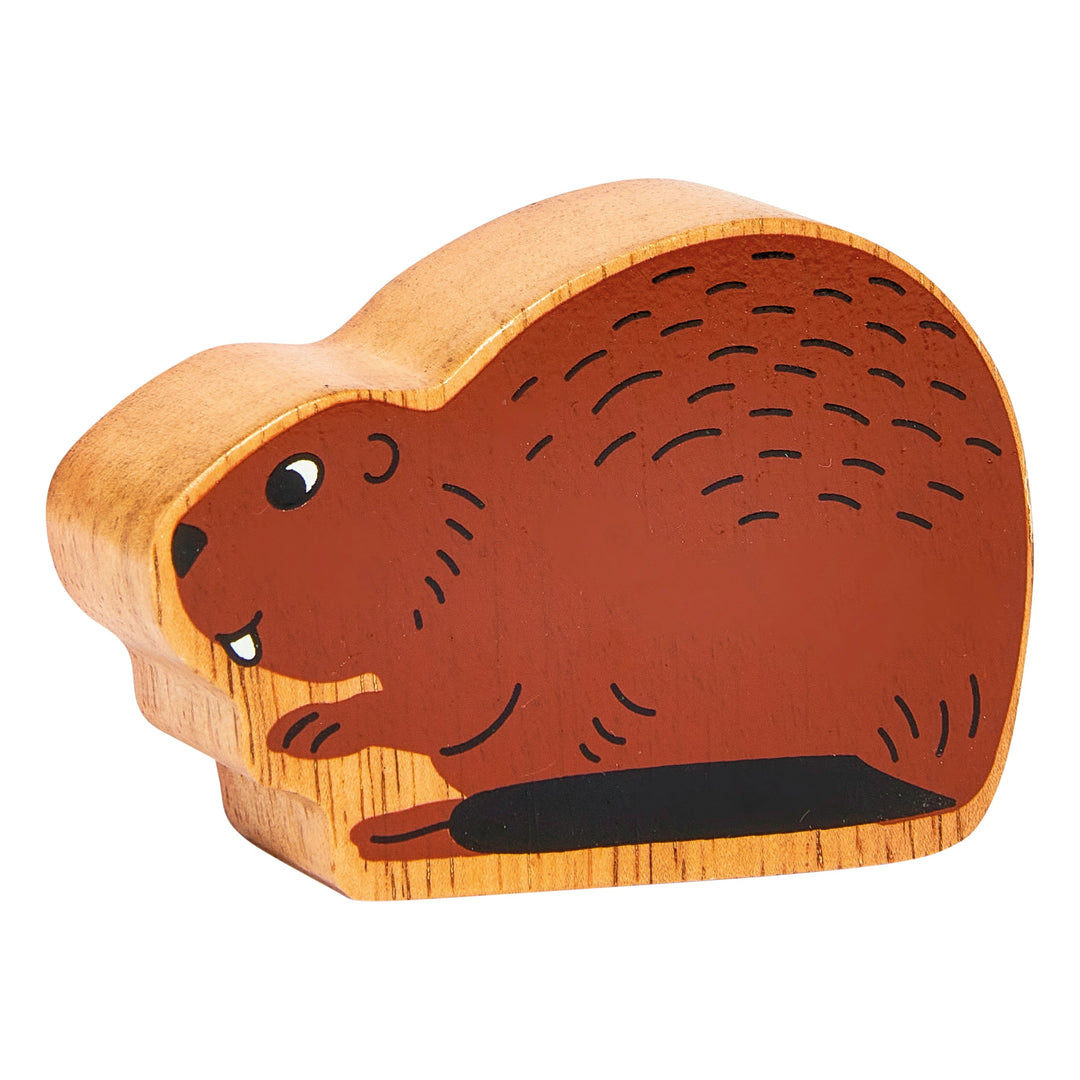 brown wooden beaver play figure with a natural wood grain edge. For children age 10 months and over