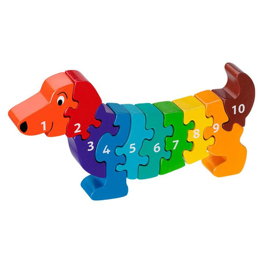 colourful wooden sausage dog jigsaw puzzle with 10 pieces in a rainbow of colours numbered 1 to 10. For children aged 3 years and over.