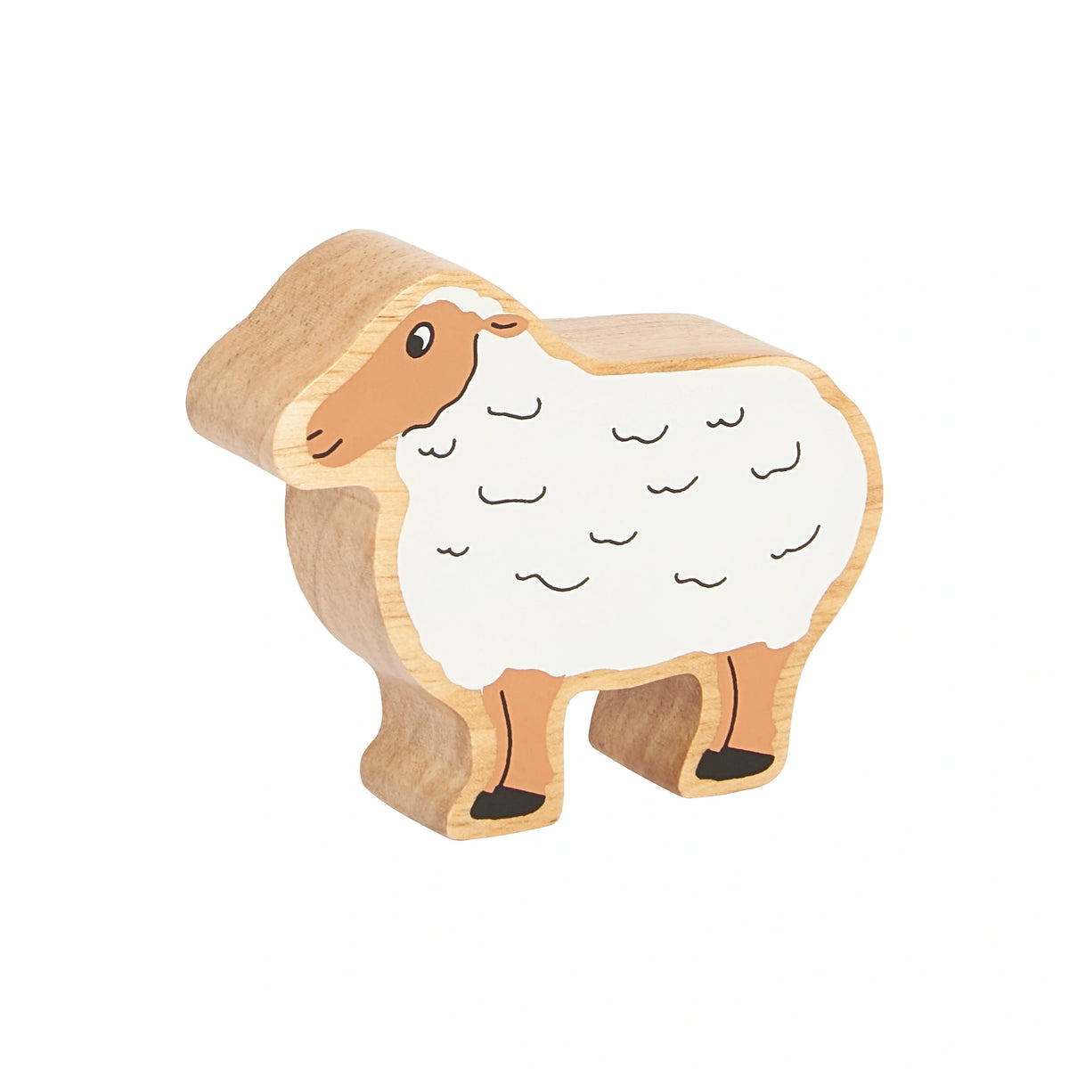 Wooden sheep play figure with painted details and a natural wood grain edge on a white background