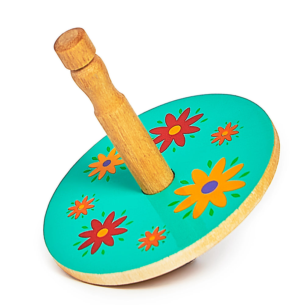 Lanka Kade 30th Birthday Edition Wooden Spinning Top in green with colourful painted flowers. For children over 3 years. 