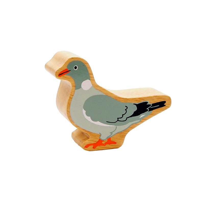 A wooden figurine of a pigeon painted in grey, with red beak and feet, and black tail feathers. For age 10 months+
