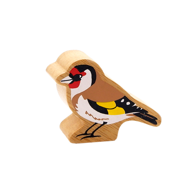 A goldfinch wooden play figure with multicoloured painted details and a natural wood grain edge. For children aged 10 months+ 