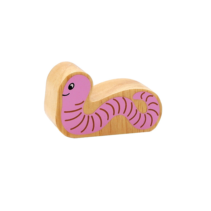 A wooden toy figure resembling a pink worm with intricate details, designed for imaginative play.