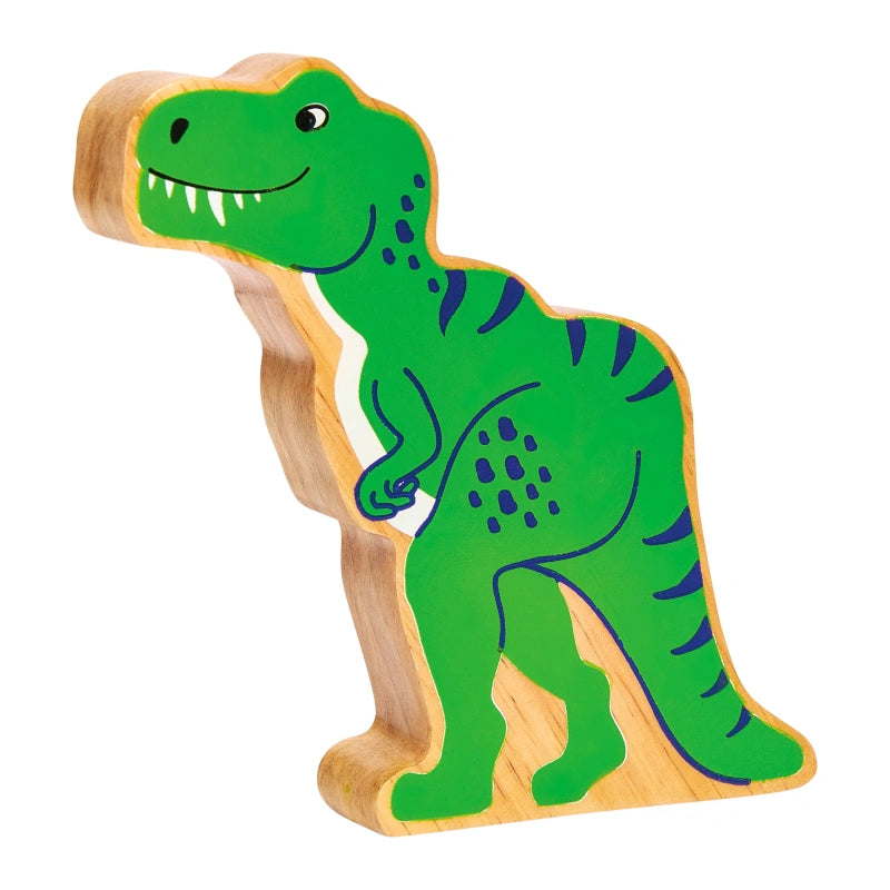 Wooden toy dinosaur with green body and brown legs on a white background
