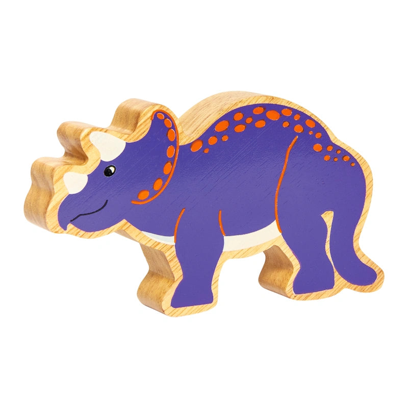 purple triceratops dinosaur toy with painted details and a natural wood grain edge