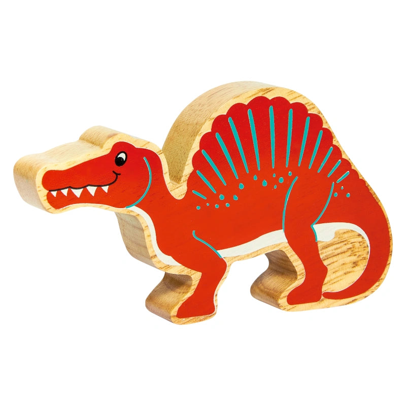 wooden spinosaurus dinosaur toy with red painted details and a natural wood grain edge