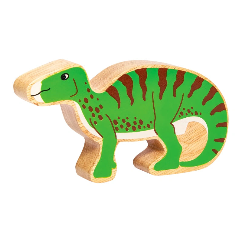 wooden iguanodon dinosaur toy wit green painted details and a natural wood grain edge
