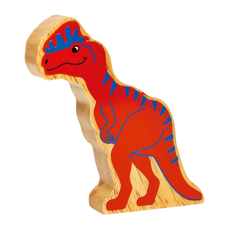 red dilophosaurus dinosaur figure with painted details and a natural wood grain edge. 