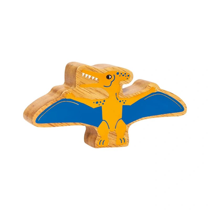 yellow and blue painted wooden pteranodon dinosaur toy figure
