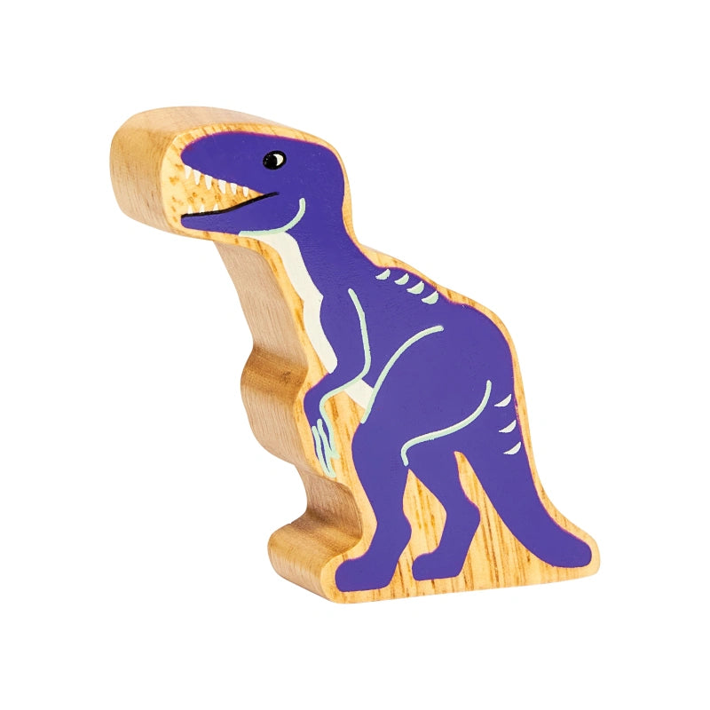 wooden velociraptor wooden dinosaur play figure with painted details and a natural wood grain edge. 