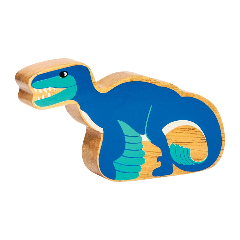 wooden utahraptor dinosaur toy with blue painted details and a natural wood grain edge