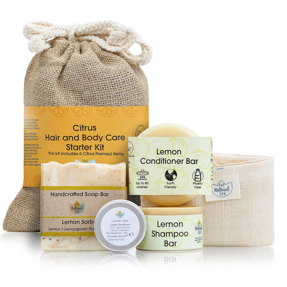 Natural Spa Citrus Hair and Body Starter Kit including shampoo bar, conditioner bar, soap bar, deodorant and wash cloth. With recycled travel bag. 