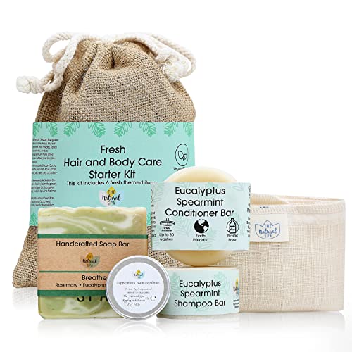  Natural Spa Fresh Hair and Body Starter Kit with eucalyptus and mint shampoo bar, conditioner bar, soap and deodorant, a wash cloth and travel bag. 