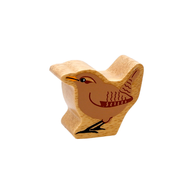 A wooden play figure of a wren with detailed painting on both sides.