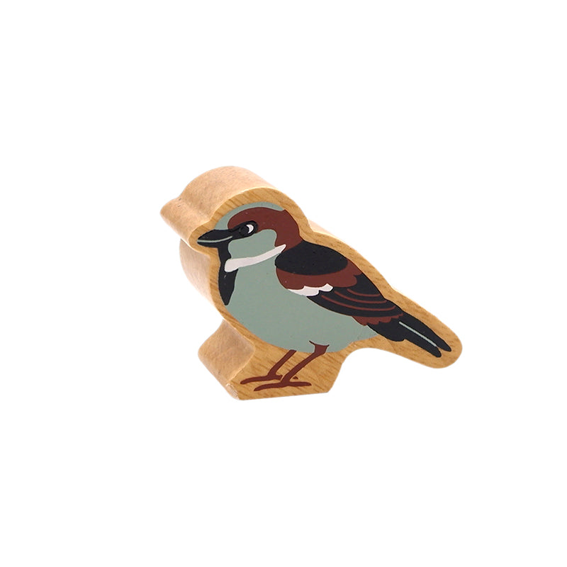 A wooden toy figure of a grey house sparrow with painted details.