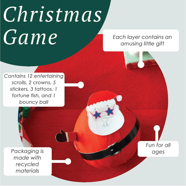 Red Santa Claus toy with packaging details on a gre
y background
