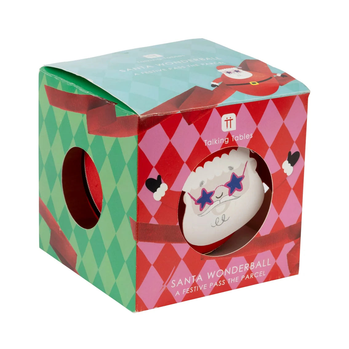 Boxed Santa Wonderball with colourful design on a white background