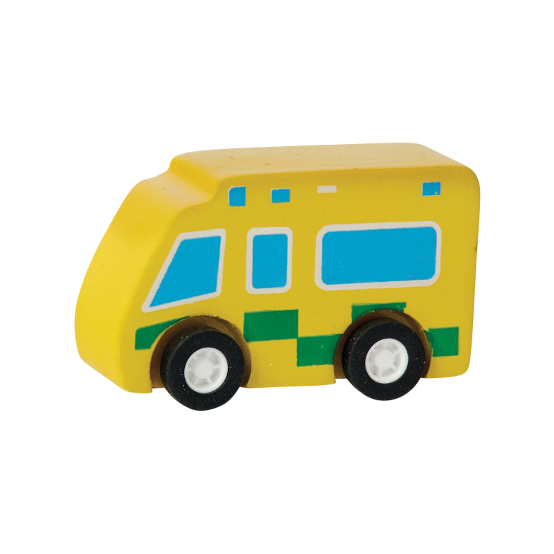 Yellow mini ambulance toy with blue windows and rubber wheels on a white background