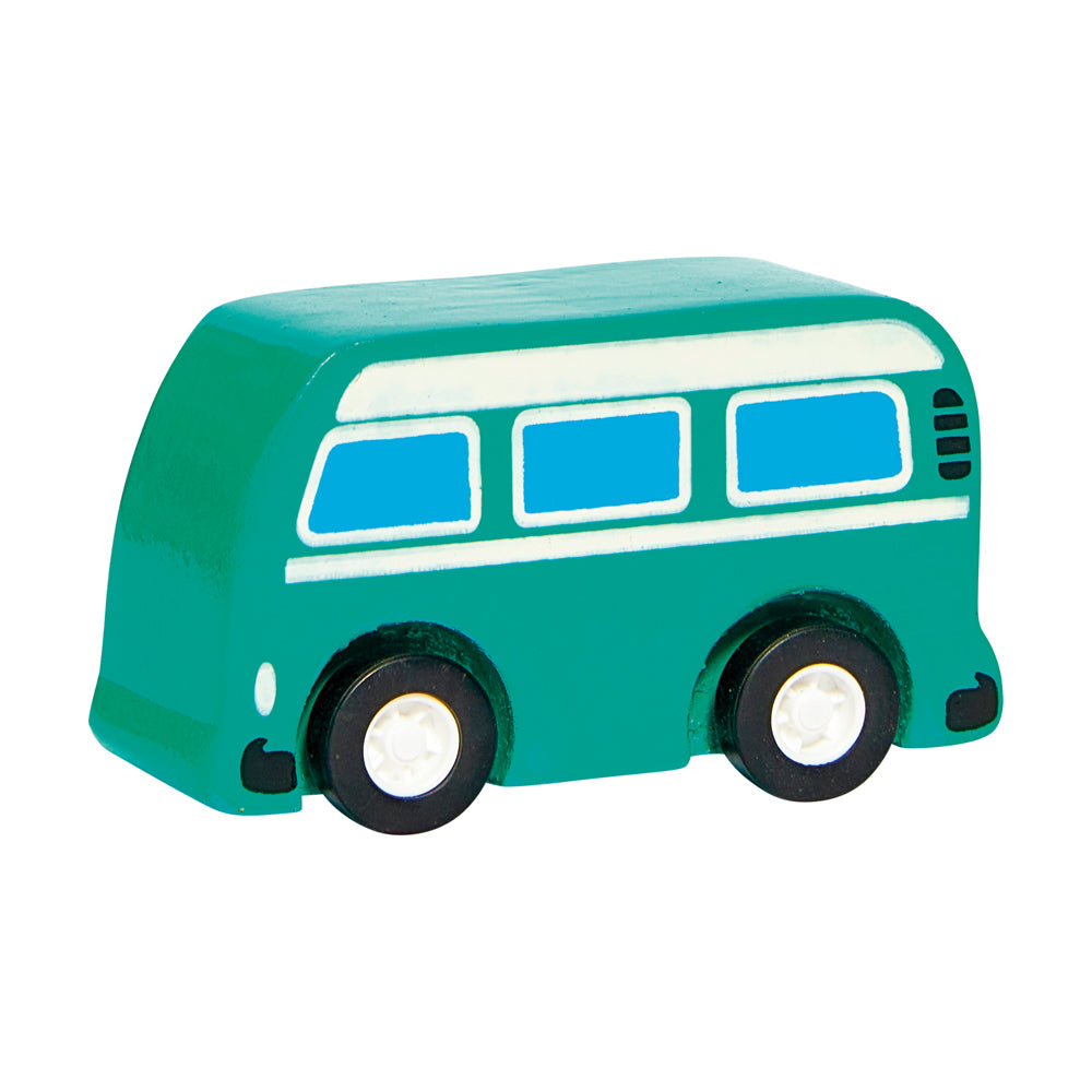 wooden mini camper van toy with green body, blue windows, and black wheels on a white background