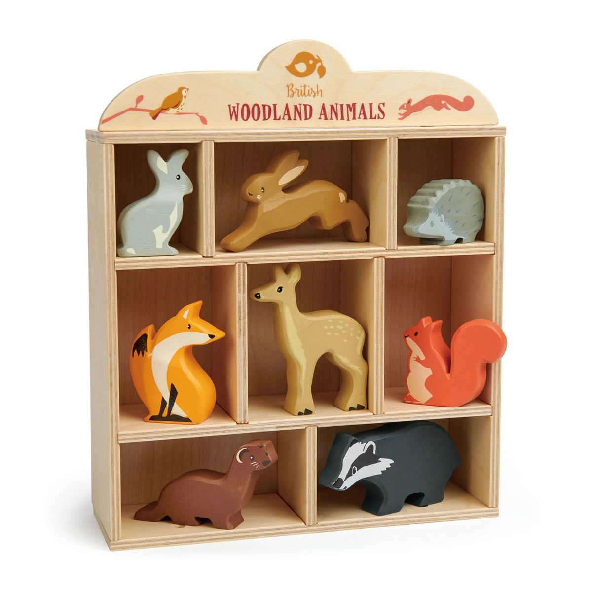 Tender Leaf Toys wooden woodland animals - hare, rabbit, hedgehog, fox, deer, squirrel, otter and badger, on a wooden freestanding display shelf. 