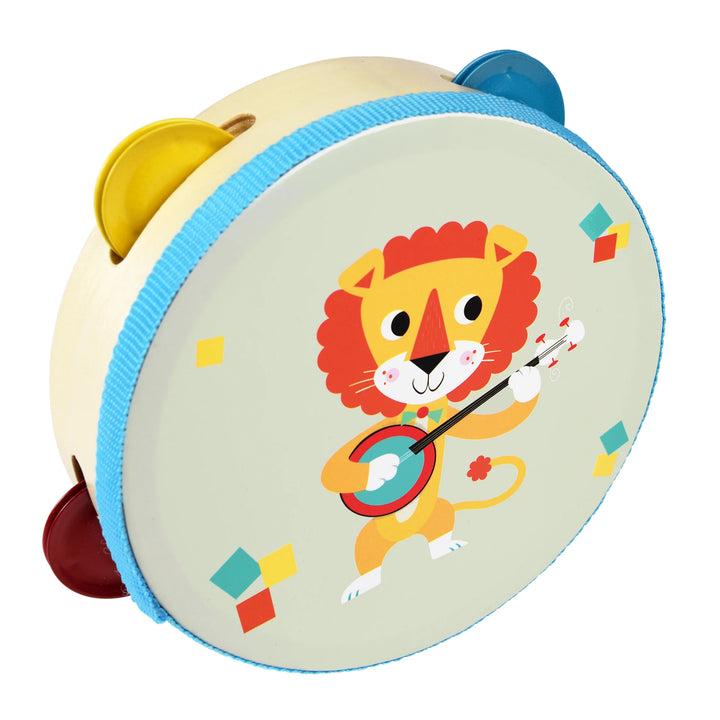 Children's tambourine with a lion design on a white background