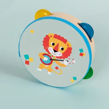 Children's tambourine with lion design on a light blue background