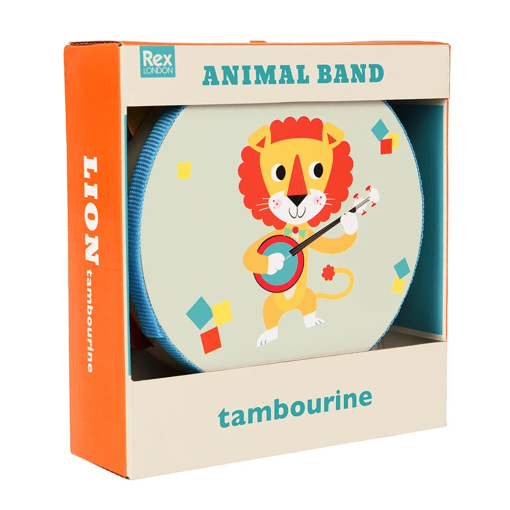 Tambourine with lion design on packaging, featuring Rex London branding.