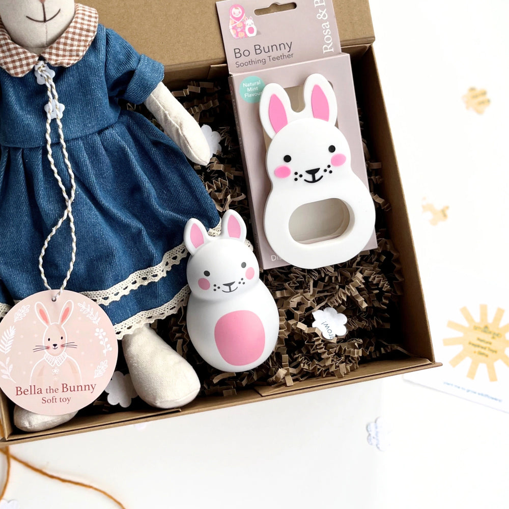 Gift Box containing a bunny soft toy, with a bunny rattle and teether