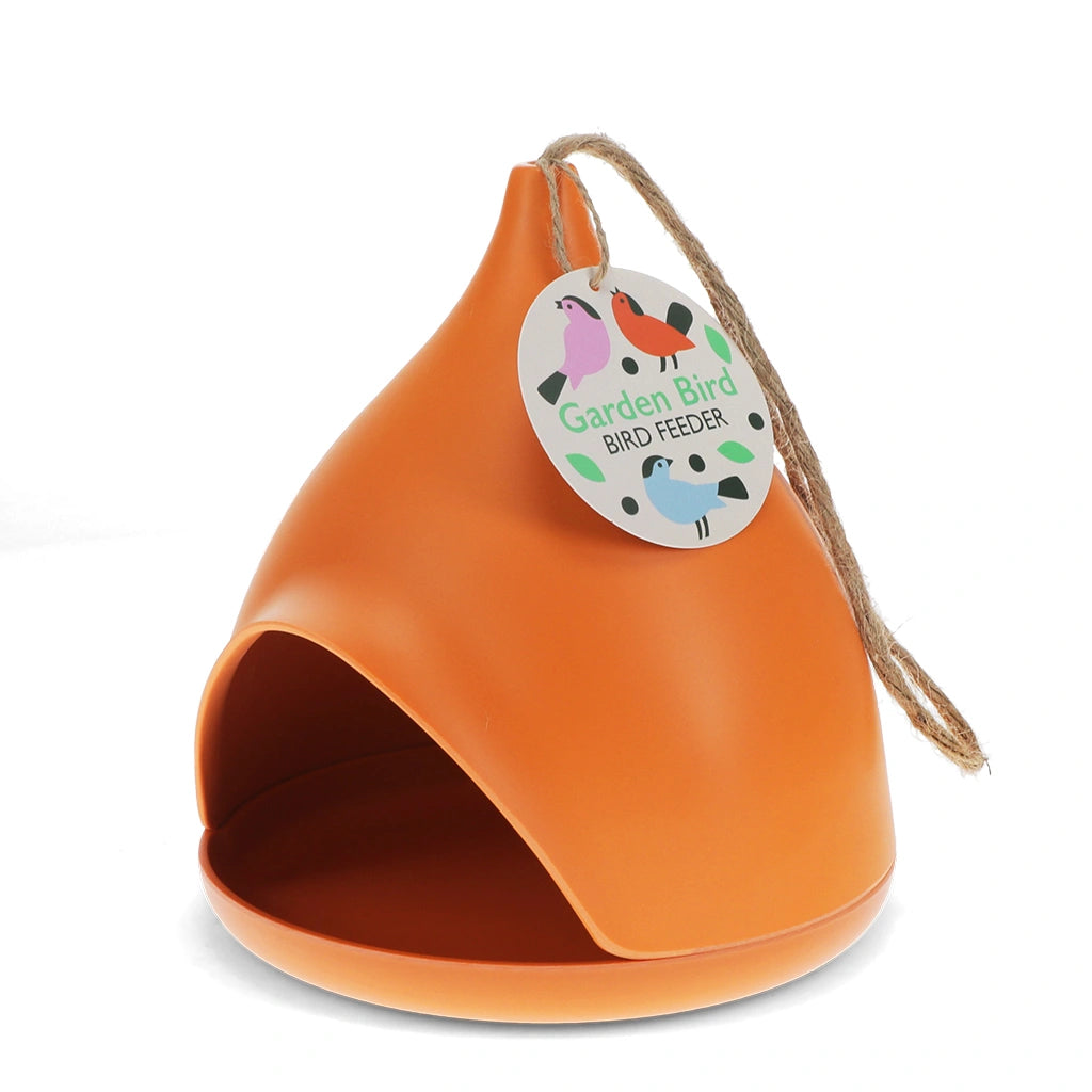 modern orange bamboo bird feeder with a hanging rope. made by Rex London 