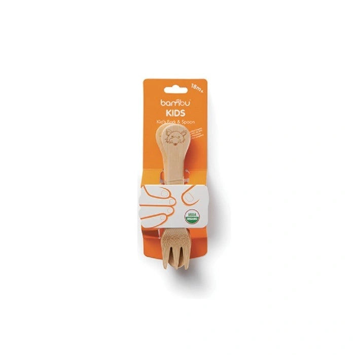 Kids Bamboo Fork + Spoon Set in orange card packaging 