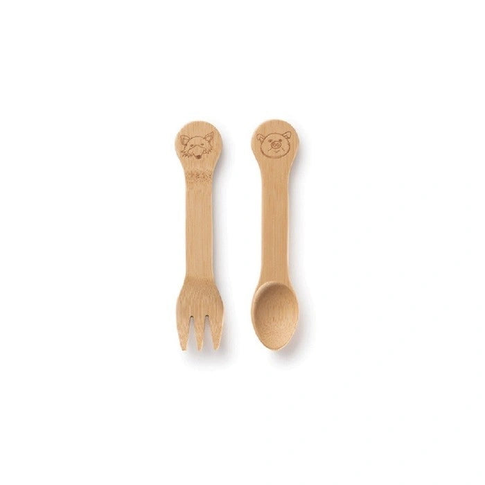 Kids Bamboo Fork + Spoon Set with animal pictures etched on the handles 