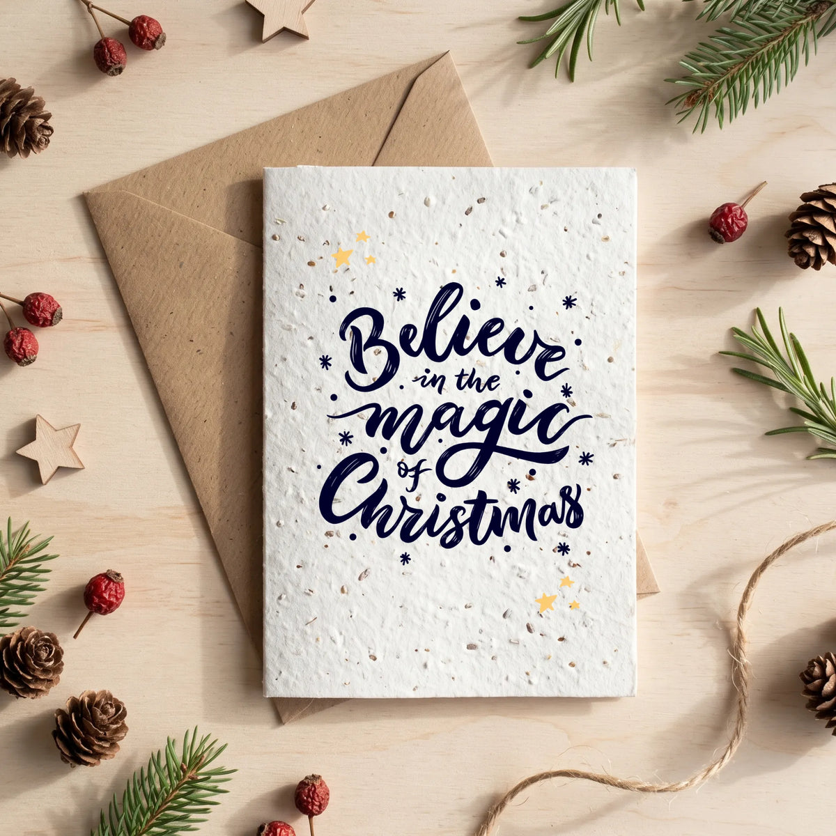 plantable seed card with 'believe in magic' design in black hand lettered script
