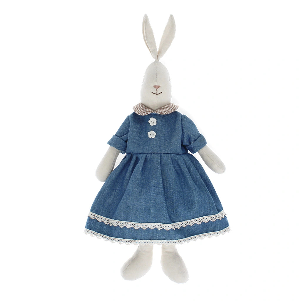 white Bella the Bunny soft toy in a blue denim dress with a checked collar and daisy buttons. 