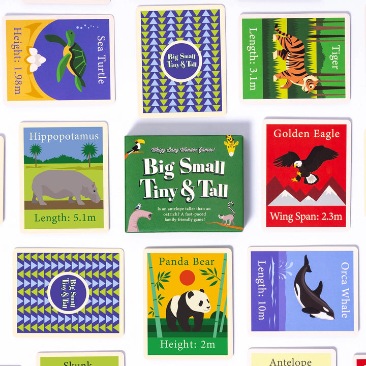box for big small tiny and tall card game with illustrated animal cards on a white background