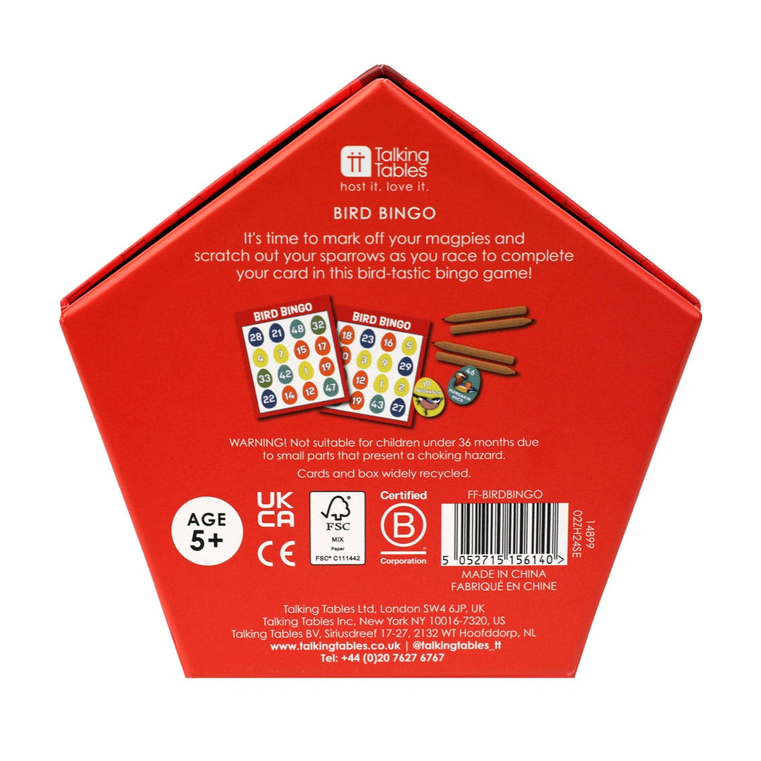 Red box with 'Bird Bingo' game packaging on a white background