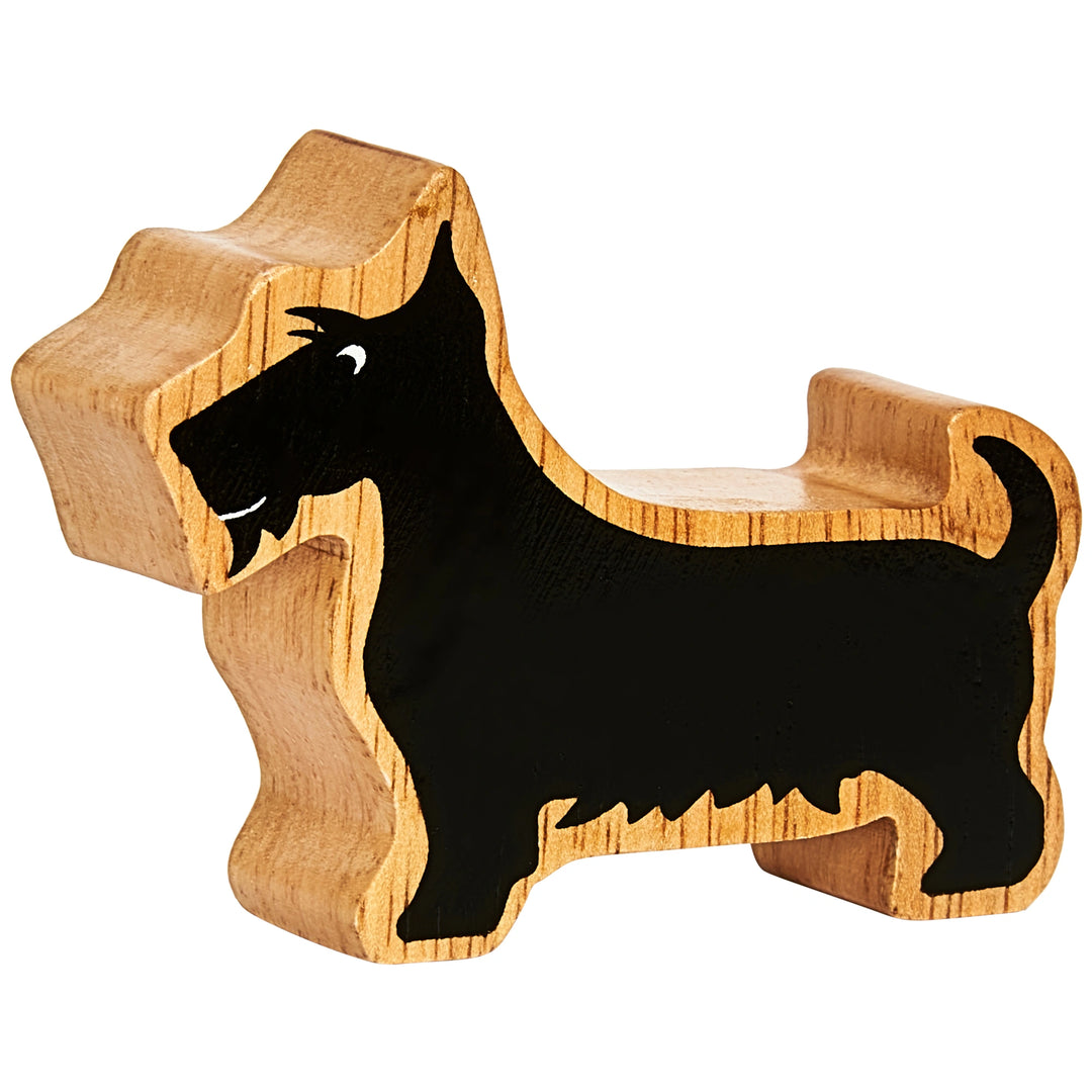 Wooden Scottie Dog toy shaped like a dog with a black silhouette on a white background