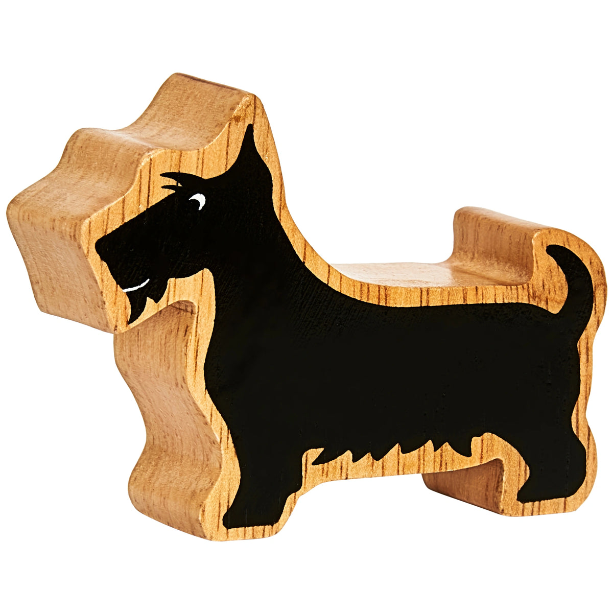 Wooden Scottie Dog toy shaped like a dog with a black silhouette on a white background