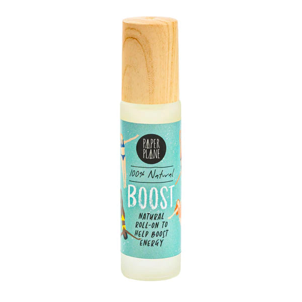 Natural roll-on energy booster with wooden cap on a white background