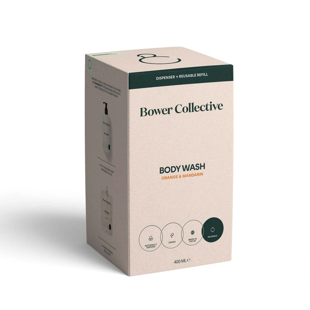 bower collective orange and mandarin body wash starter kit in a grey box