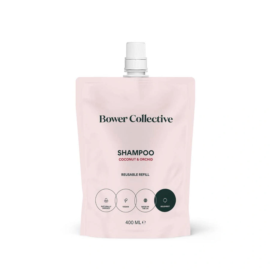 refill pouch of coconut and orchid shampoo made by Bower Collective 