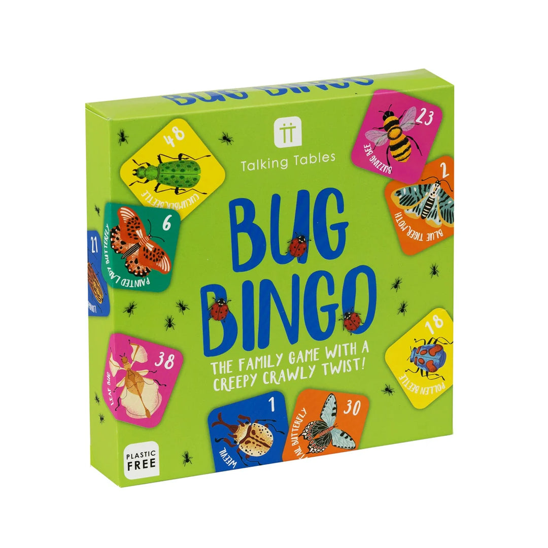 Bug Bingo game box with colourful insect illustrations on a green background