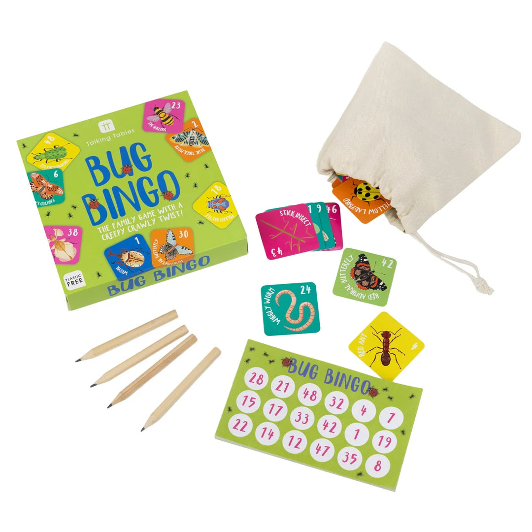 Bug Bingo game set with cards, pencils, and drawstring bag on a white background