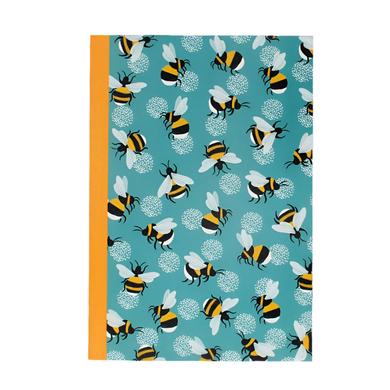blue A5 notebook with bumblebee print and yellow spine