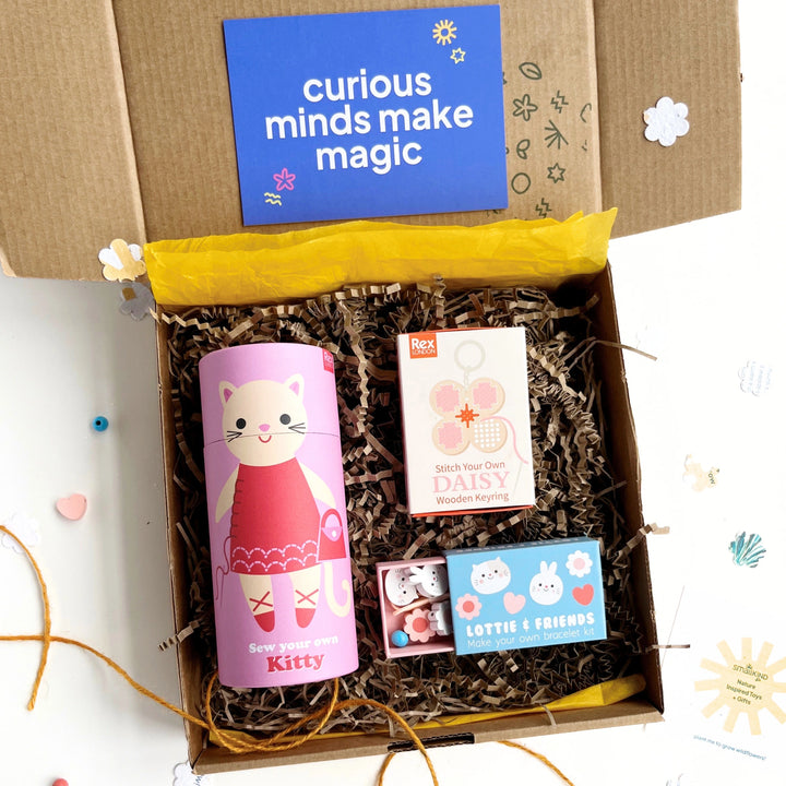 Box with pink cat themed craft kits for kids and  a 'curious minds make magic' gift card.
