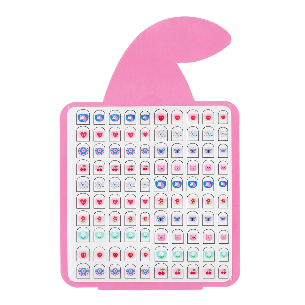 Inside view of Pink cherry packaging for rex London children's temporary nail stickers. The stickers include various icons - cherries, unicorns, butterflies, flowers and hearts - on a white background