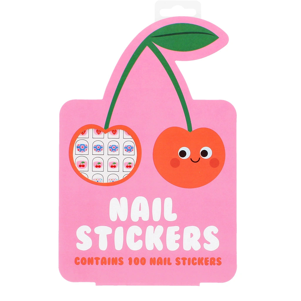 Pink packaging of nail stickers with cartoon cherries on a white background