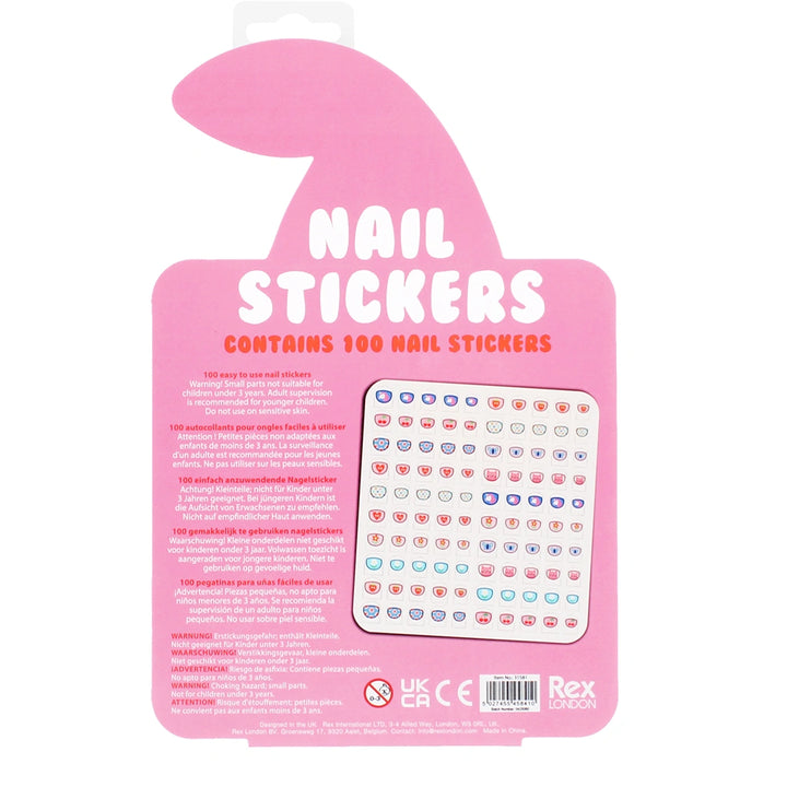 Pink packaging of nail stickers with a small window showing the stickers inside and instructions on how to use them. 