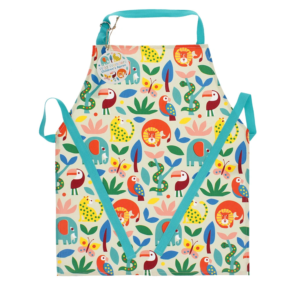 Rex London Wild Wonders Wipeable Children's Apron with scandi inspired animal print and turquoise straps. For kids age 3+
