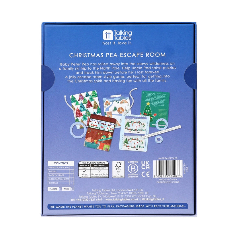Back of a game box for 'Christmas Pea Escape Room' by Talking Tables with illustrations and text.