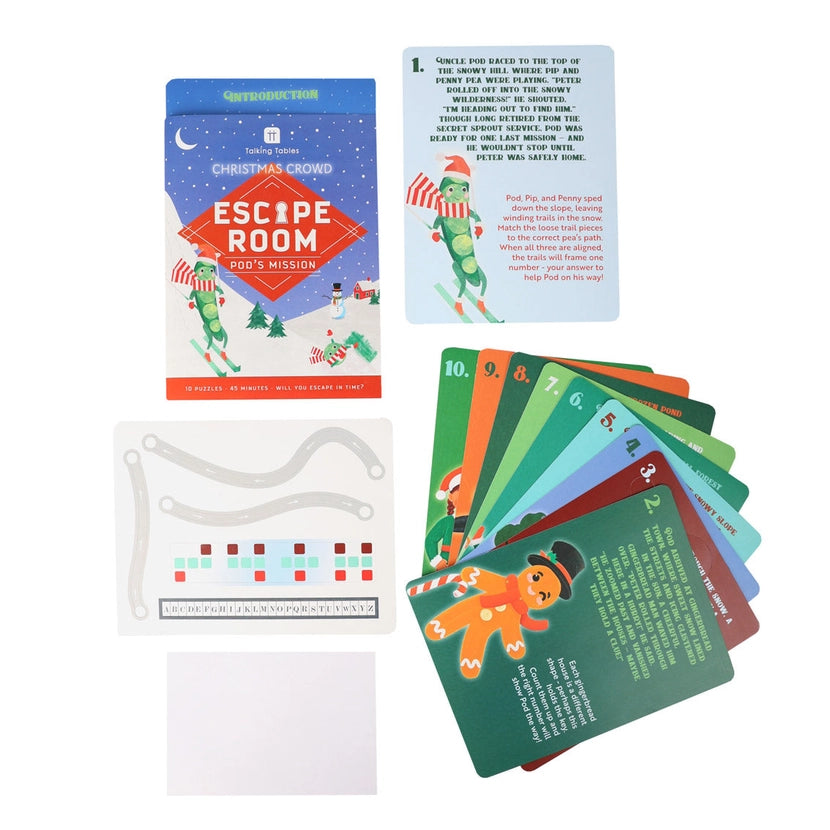 Set of cards from christmas escape room game Pod's Mission with Christmas-themed design on a white background